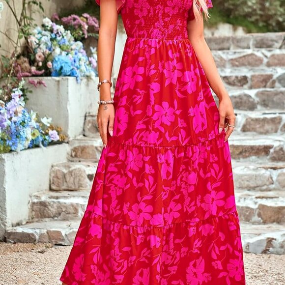 Women's 2025 Summer Casual Flutter Short Sleeve Boho Floral Maxi Dress Crew Neck - Picture 2 of 5